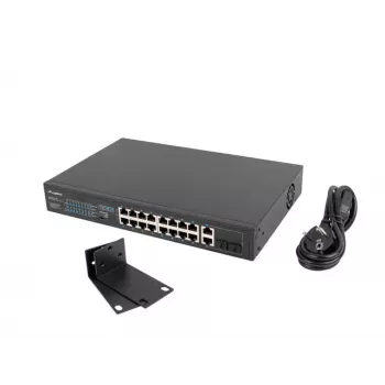 Switch no gestionado LANBERG RSFE-16P-2C-150 — 18 puertos Gigabit, 16 PoE+/2 SFP, 150 W total, 1U Rack, Metal, Negro