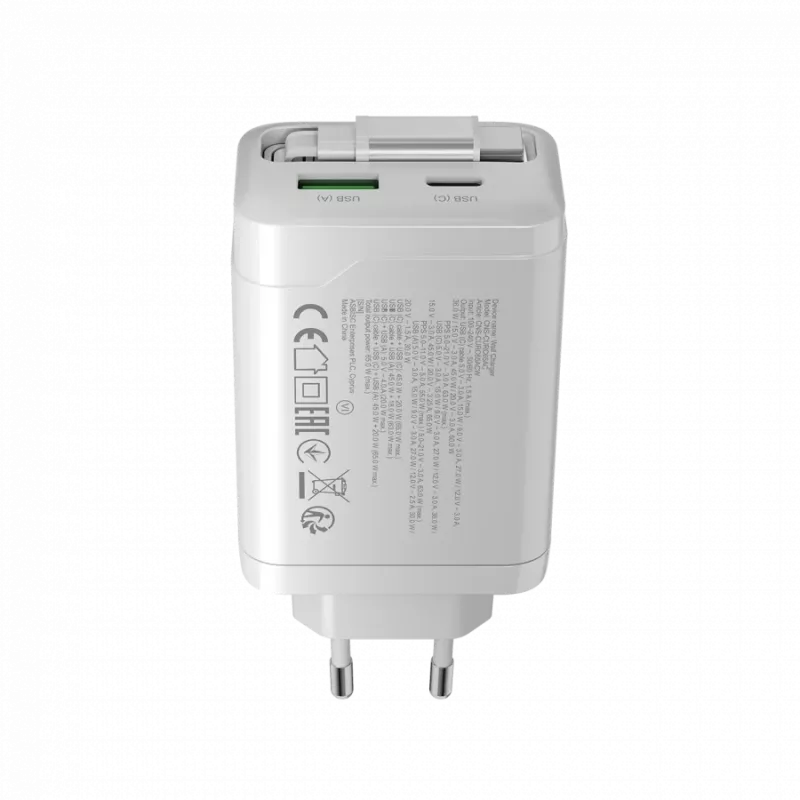 Cargador CANYON OnCharge 65RC con cable USB-C integrado 65W, 1x PD, 1x QC, enchufe EU, blanco