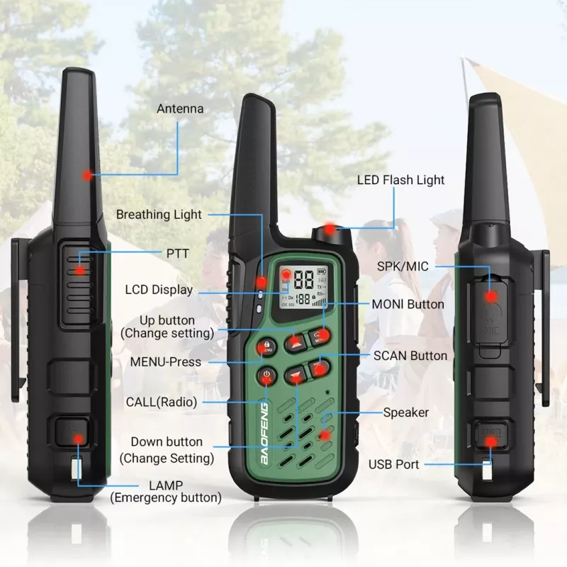 Emisora portátil Baofeng BF-T25E — 16 canales, 2×1400 mAh Li‑Ion, VOX, LCD, verde, set de 2