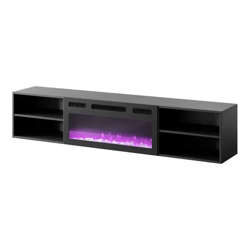 Mueble TV Cama Meble POLO 180x33x39 cm con chimenea eléctrica 1400–1600 W, negro, 2 baldas, laminado