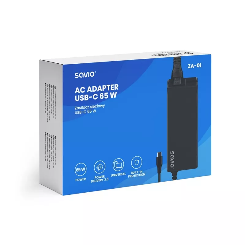 Cargador de CA para interiores SAVIO ZA-01, 65W USB‑C PD 3.0, entrada 100–240V, conector único, negro