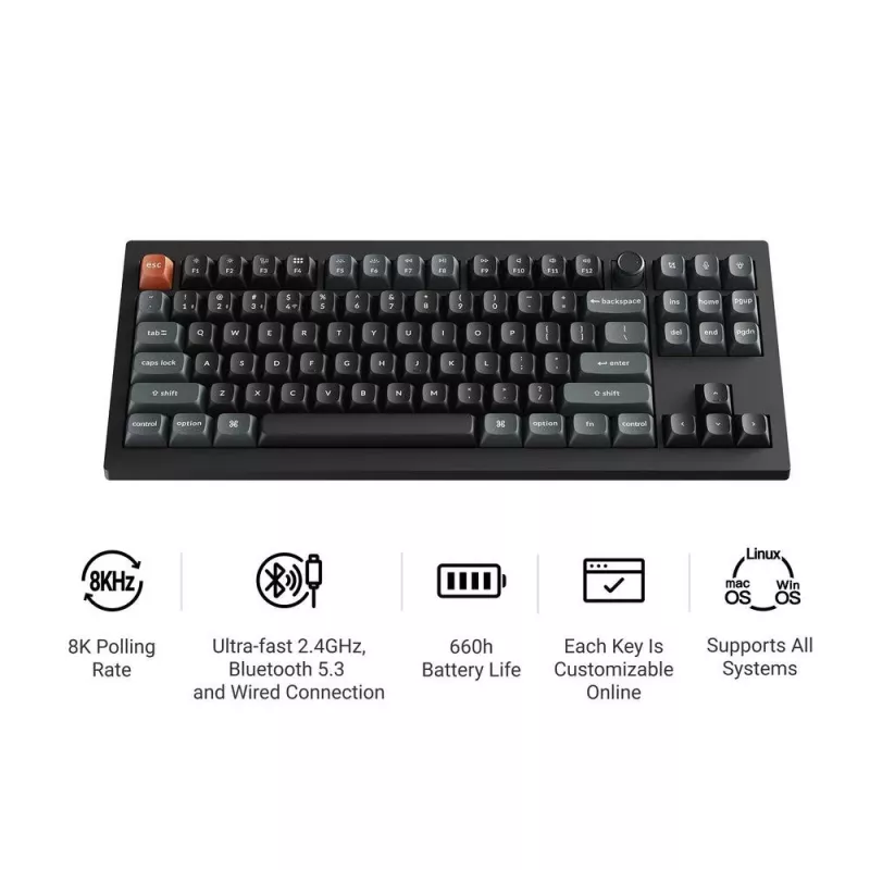 Teclado mecánico Keychron V3 Ultra 8K – QWERTY, Bluetooth y cable, RGB, negro