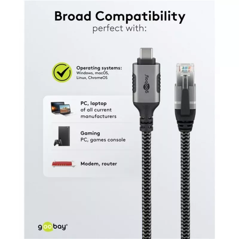 Goobay 70752 cable Ethernet de USB-C 3.1 a RJ45, Cat6 F/UTP, 5 m, negro/plateado