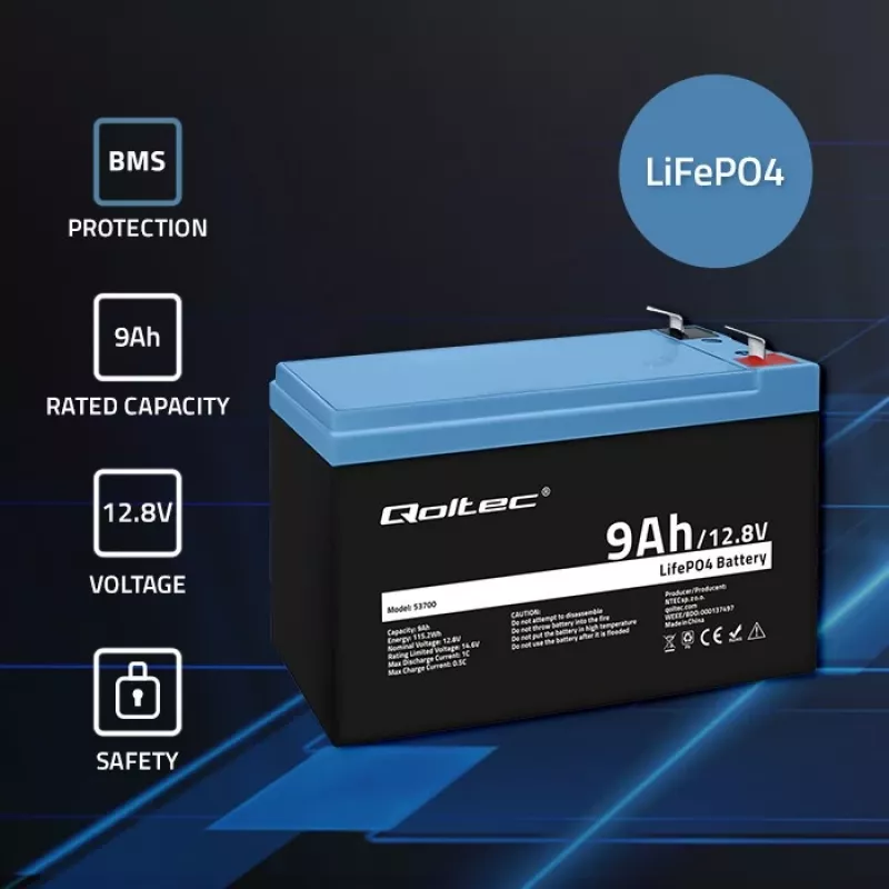 Batería LiFePO4 Litio Hierro Fosfato 12.8V 9Ah 115.2Wh