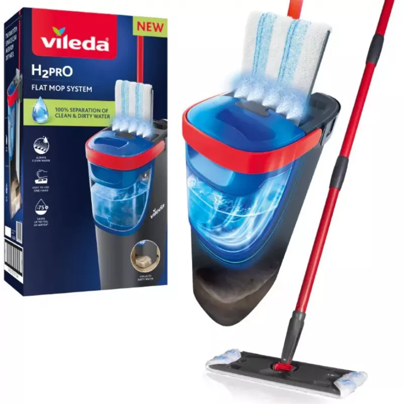 Vileda H2PrO 175775 set de mopa plana con sistema de dos depósitos, microfibra, negro/rojo