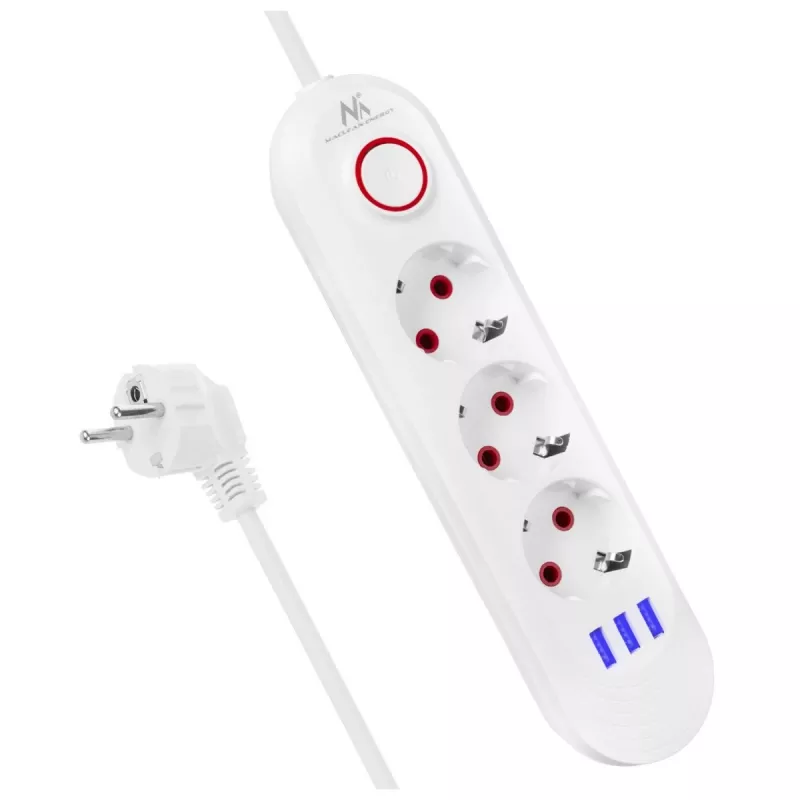 Regleta de enchufes MACLEAN MCE394W — 3 enchufes, 3×USB 2,1A, 110–240V AC, 2500W, cable de 1,5 m, blanca