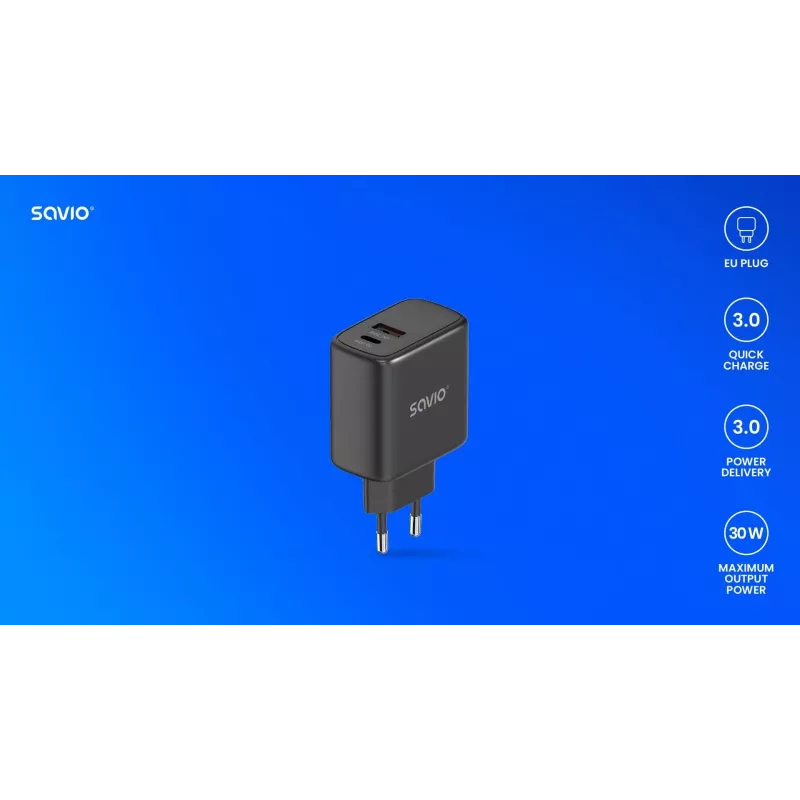 Cargador de pared SAVIO LA-06/B 30 W, USB-A + USB-C, Quick Charge, Power Delivery 3.0, negro