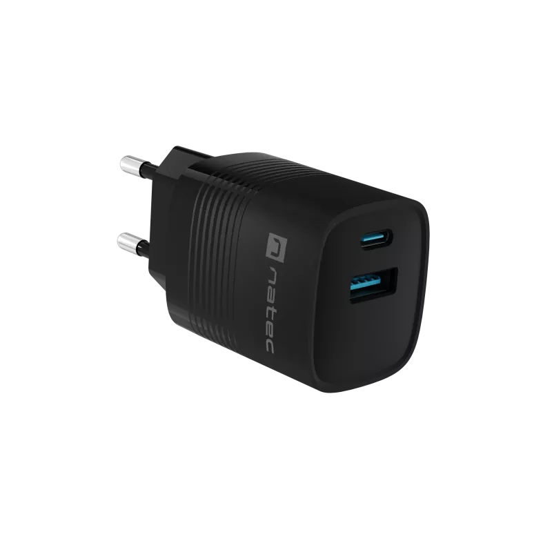 Cargador con cable para dispositivos móviles NATEC NUC-2141, 30W, USB-C PD 3.0 + USB-A QC 3.0, 110–240V, negro