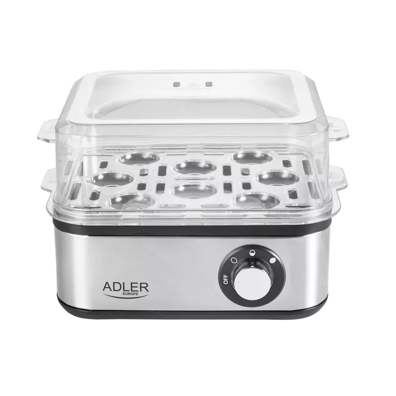 Huevera Adler AD 4486 — capacidad para 8 huevos, 800 W, acero satinado negro con tapa transparente