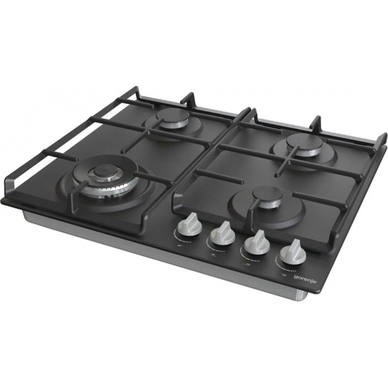 Placa de gas integrable Gorenje GW641EXB, 4 zonas de gas, negra, 60 cm, control por mando giratorio, rejillas de hierro fundido