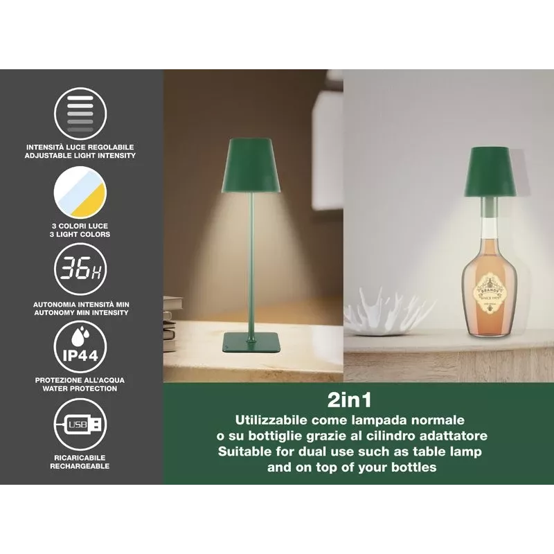 Beper P201UTP115 lámpara de mesa LED recargable, 1,5 W, interruptor táctil, regulable, adaptador para botella de 33 mm, resistente al agua, verde