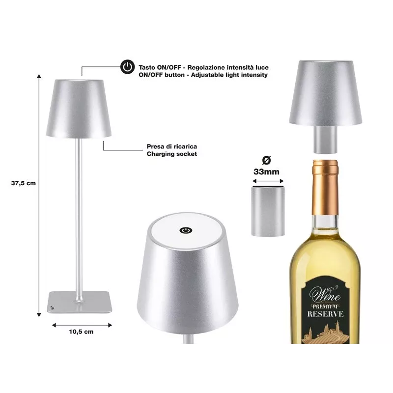 Beper P201UTP117 lámpara de mesa LED recargable, 1,5 W, interruptor táctil, regulable, adaptador para botella de 33 mm, resistente al agua, plateada