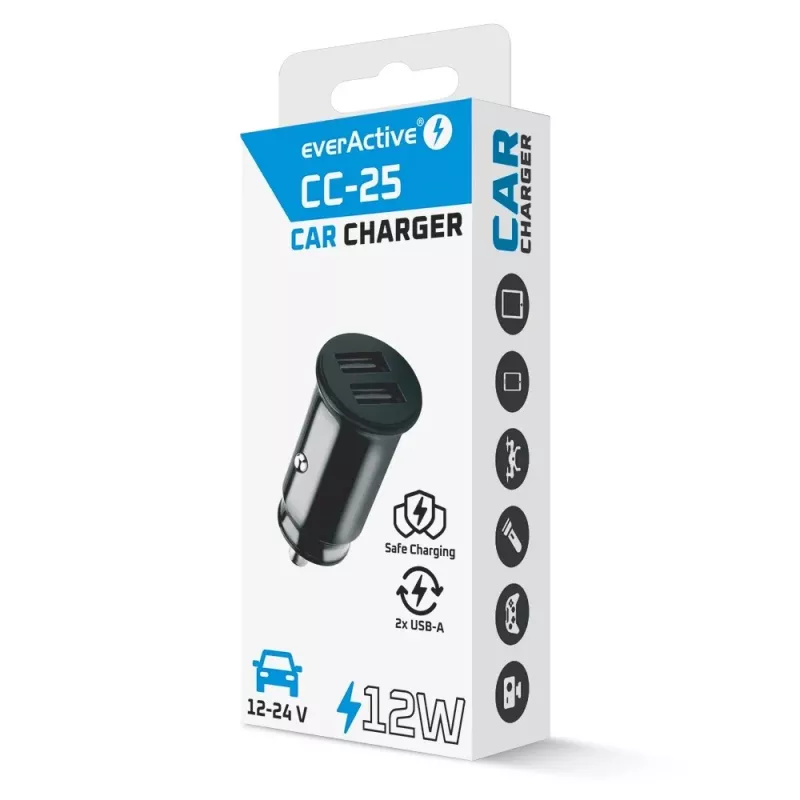 Cargador de coche everActive CC-25 — 2x puertos USB, 12W de potencia total, corriente de vehículo 12V–24V