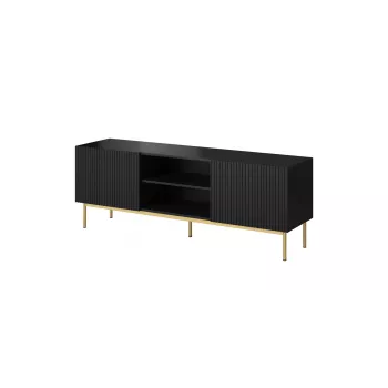 Mueble de TV Cama PAFOS sobre estructura de acero dorada 150x40x60 cm negro mate, tablero de partículas