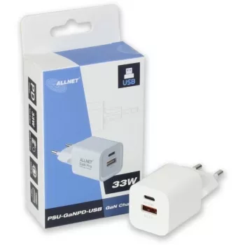 Fuente de alimentación ALLNET PSU-GaNPD-USB-1A1C-33W — cargador USB-C PD y USB-A QC de 33W, enchufe EU