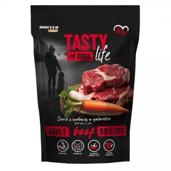 Comida húmeda para perros BIOFEED Tasty Life ternera 90% 500 g bolsa, alimento completo para perros adultos, proteína 12%, grasa 6,5%, humedad 79%