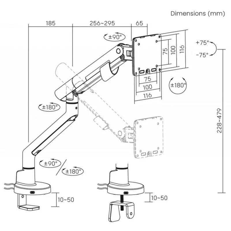 ART Soporte de mesa con pistón de gas para 1 monitor LCD/LED