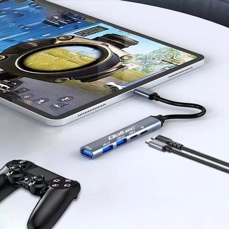 Qoltec 53790 Hub Adaptador USB-C 3.1 5in1 | USB-C PD | USB-C | 2x USB 2.0 | USB 3.0