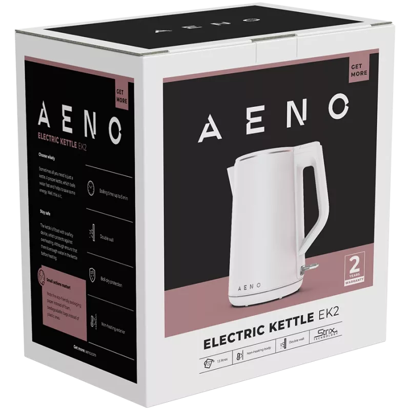AENO Hervidor eléctrico EK2: 1850-2200W, 1,5L, Strix, doble pared, cuerpo que no se calienta, apagado automático, protección contra funcionamiento en seco