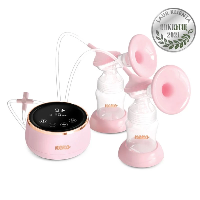 Sacaleches eléctrico neno Bella Twin – electrónico, biberones de 150 ml, 6 niveles de estimulación / 9 de succión, batería de Li-Ion USB, rosa/transparente