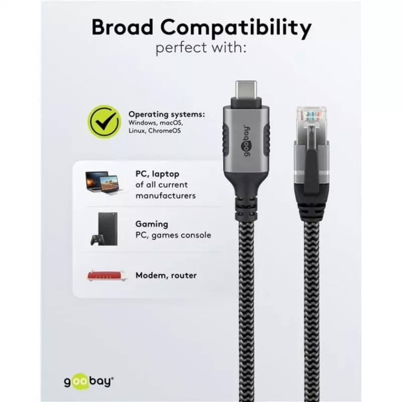 Goobay 70752 cable Ethernet de USB-C 3.1 a RJ45, Cat6 F/UTP, 5 m, negro/plateado