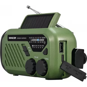 Radio portátil FM/AM SENCOR SRD1000SCLGR con Bluetooth, carga solar/manivela/USB-C, batería de 2000 mAh, IPX4, luces LED
