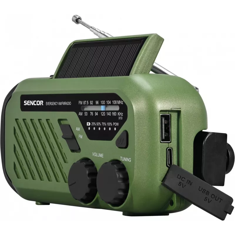 Radio portátil FM/AM SENCOR SRD1000SCLGR con Bluetooth, carga solar/manivela/USB-C, batería de 2000 mAh, IPX4, luces LED