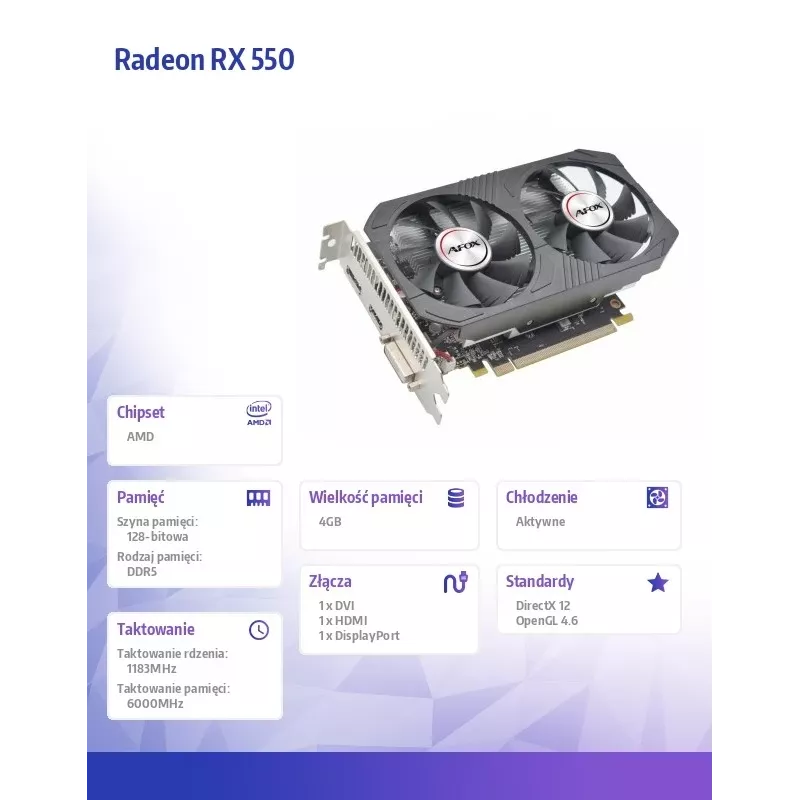 Tarjeta gráfica AFOX AMD Radeon RX 550 4 GB GDDR5 PCIe 3.0, 1183 MHz, 128-Bit, doble ventilador