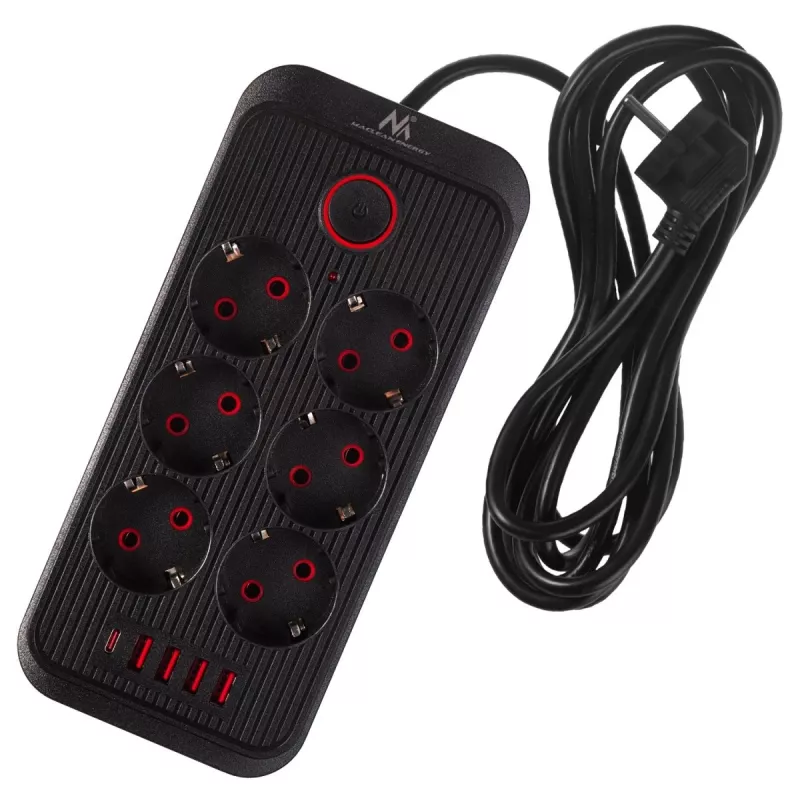 Regleta de enchufes MACLEAN MCE391 B – 6 enchufes, 4×USB-A + 1×USB-C, 110–240V, 2500W, 3 m cable, negro