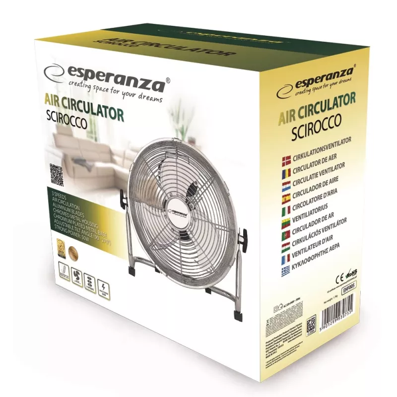 Ventilador de mesa ESPERANZA EHF005 Scirocco 12 pulgadas – 3 velocidades, 36 cm de diámetro, cromado, 50 W