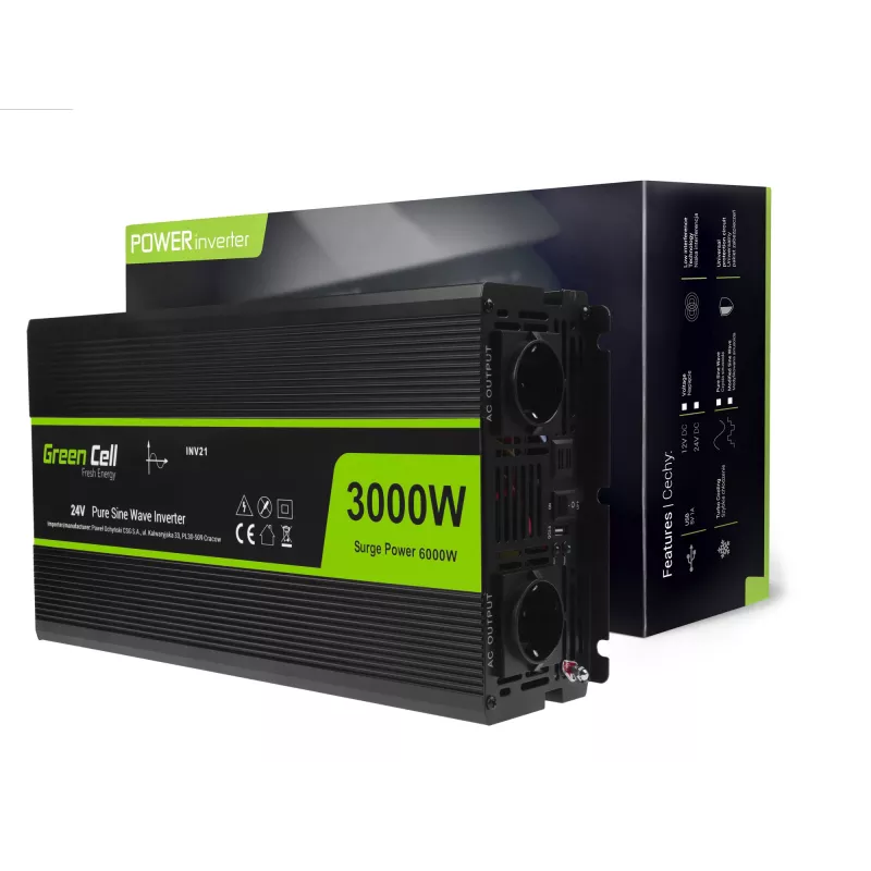 Inversor para coche Green Cell INV21 6000 W, 24V DC-AC, salida 230V, 2x USB PD, refrigeración activa, conectores DC desmontables, negro
