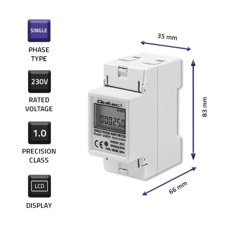 Medidor de consumo eléctrico monofásico QOLTEC 50899 230 V 50 Hz, 5(60)A, clase 1.0, LCD