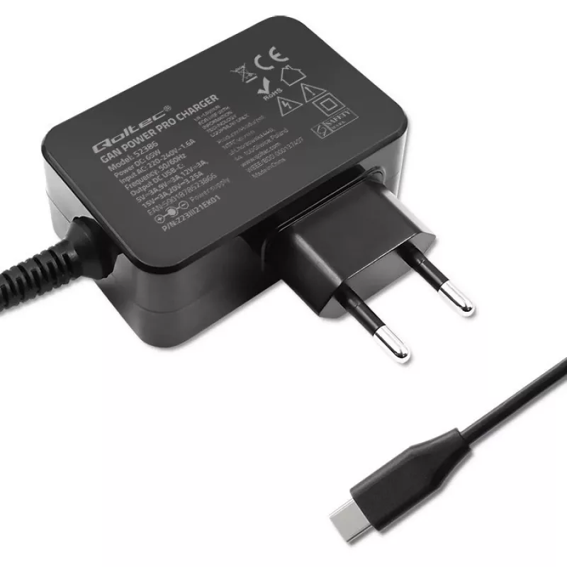 Qoltec 52386 Cargador GaN POWER PRO | 1xUSB-C | 65W | 5-20V | 3-3,25A | negro