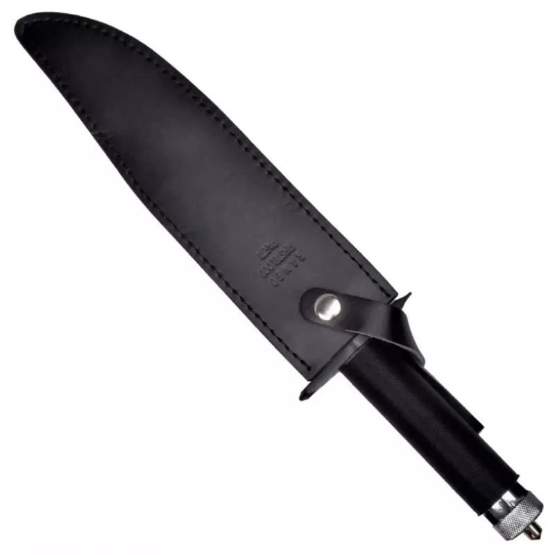 Cuchillo de supervivencia fijo Cinema Classic CC-H2 — 400 mm de longitud total, hoja de acero 250 mm, lisa y dentada, empuñadura negra, incluye funda de cuero
