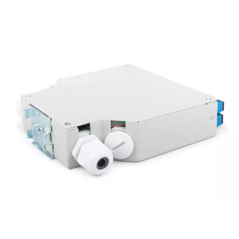 Caja de carril DIN de fibra óptica DIGITUS DN-963890, OS2, adaptador SC con pigtail de 2 m, acero, azul/gris