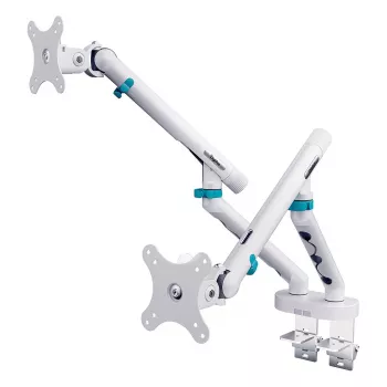 Soporte de monitor DIGITUS Dual Design para 2 pantallas de 35 pulgadas, pinza, 2×10 kg, VESA 75–100, inclinable -45–90°
