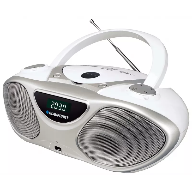 Grabador de CD BLAUPUNKT BB14WH — grabador de CD con reproducción MP3, USB, LCD, reloj, altavoces de 2x1 W, plateado/blanco