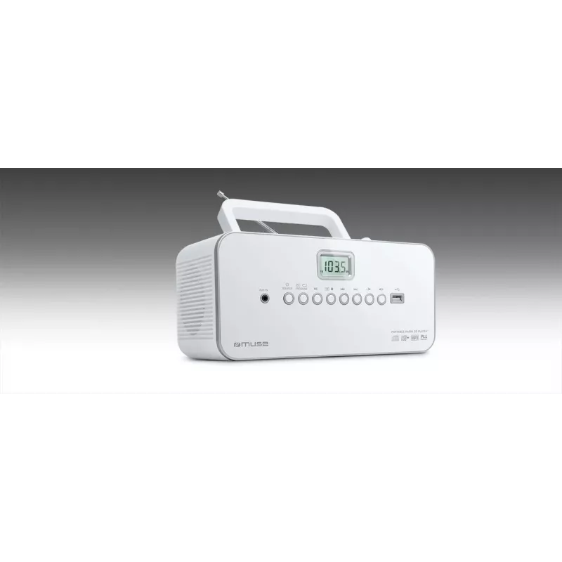 Cadena estéreo portátil Muse M-28RDW – reproductor CD/MP3, sintonizador FM/OM, 3W RMS, blanca, 1,4 kg