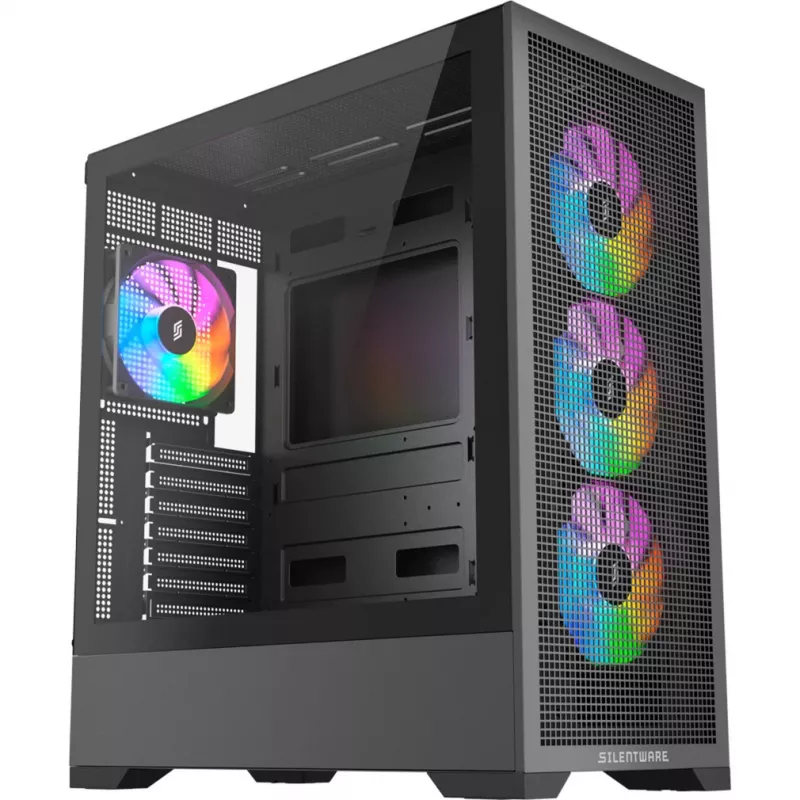 Caja de PC Silentware Core 100 A-RGB negra — modelo CORE100Schwarz, iluminación A-RGB, formato semitorre