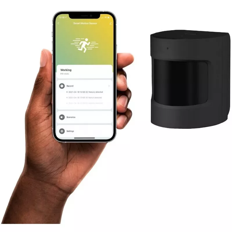Detector de movimiento Hombli HBSM-0100 — sensor PIR inalámbrico de pared, 8 m de detección, a pilas, negro