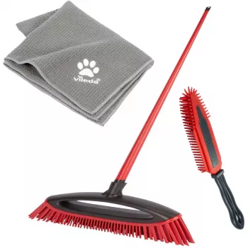 Set de escobas VILEDA Pet Pro 175388 — 3 piezas, cepillo electrostático y paño de microfibra, rojo