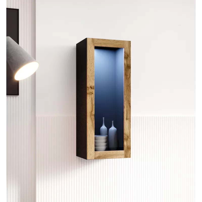 Vitrina Cama Meble VIGO 90 cristal, de pared, 90×35×32 cm, negro/roble wotan
