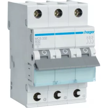 Hager MCS332. Corriente nominal: 32 A, frecuencia de red: 50/60 Hz. Ancho: 52,5 mm, profundidad: 70 mm, altura: 83,4 mm (MCS332)