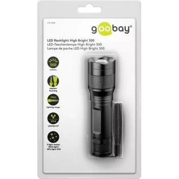 Linterna LED Goobay High Bright 300, negro - ideal para ocio, deporte, camping, pesca, caza y asistencia en carretera (44560)