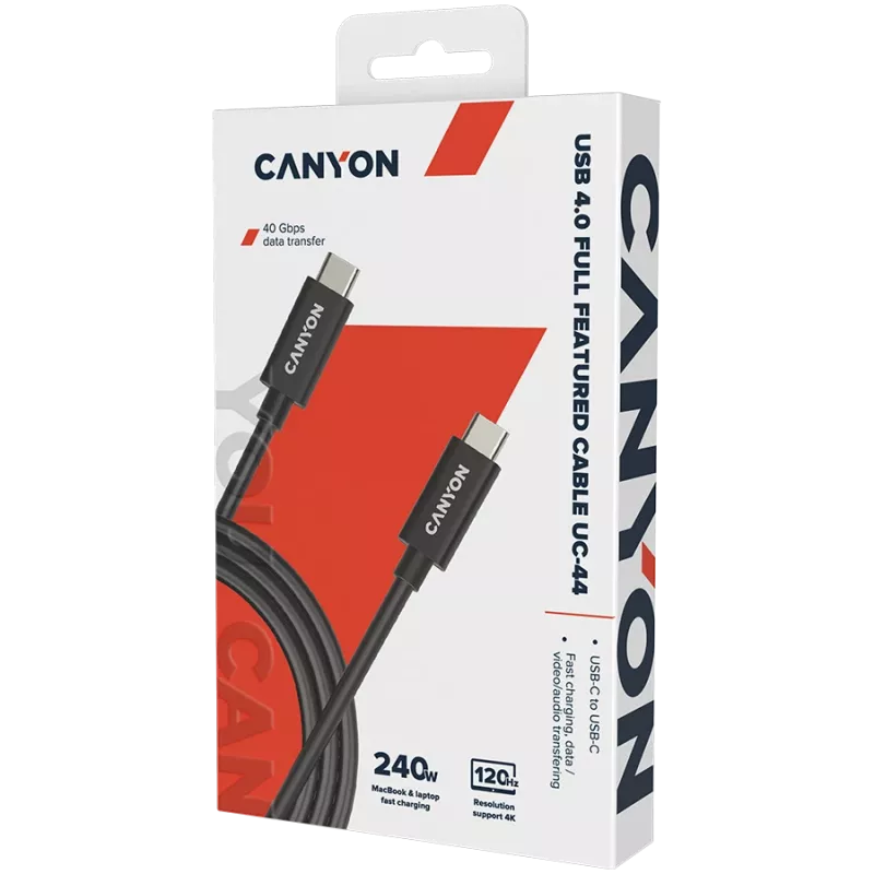 CANYON UC-44, Cable, U4-CC-5A1M-E, Cable USB4 Type-C a Type-C 40G 1 m 5A 240W(ERP) con E-MARK, CE, ROHS, negro