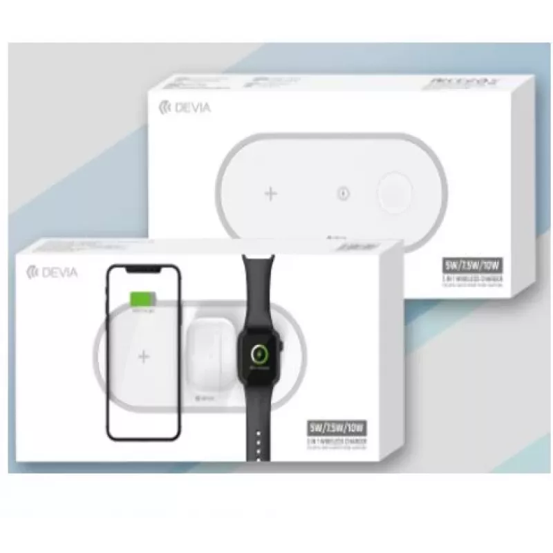 Cargador inalámbrico 3 en 1 Devia V4 10W — para smartphone, Apple Watch, auriculares