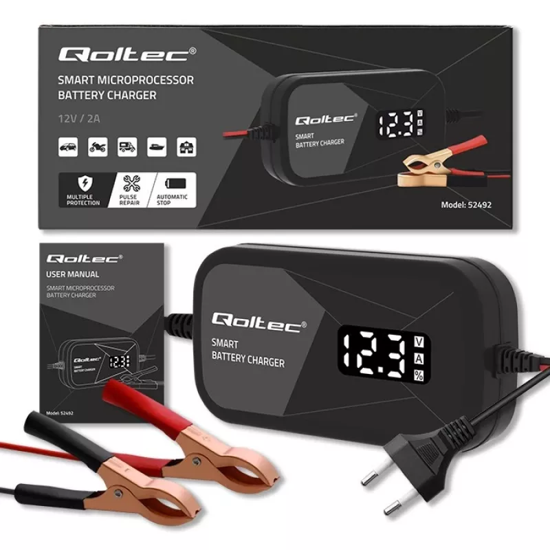 Cargador de baterías QOLTEC 52492 12V 2A con control por microprocesador y regeneración de celdas