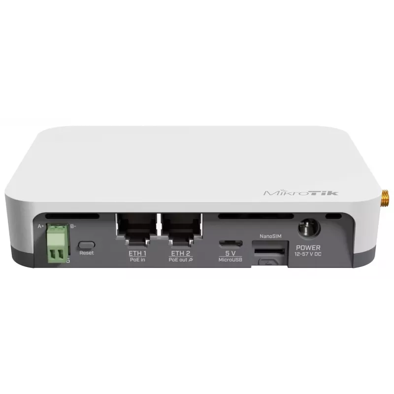 Gateway/controlador MikroTik KNOT LR8G — banda única 2,4 GHz, Ethernet 100 Mbit/s, QCA9531 650 MHz, RS-485, NanoSIM