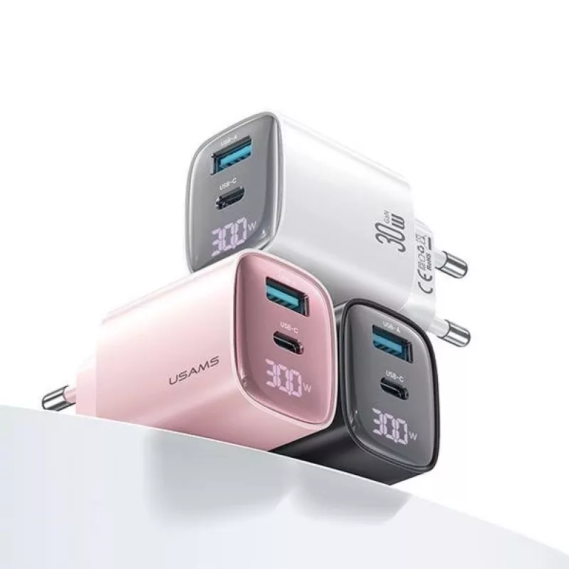 Cargador rápido GaN USB y USB-C 30W usams CC229 blanco — indicador LED, diseño compacto