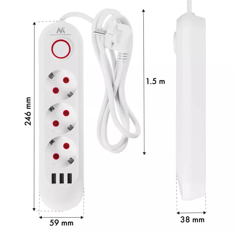 Regleta de enchufes MACLEAN MCE394W — 3 enchufes, 3×USB 2,1A, 110–240V AC, 2500W, cable de 1,5 m, blanca